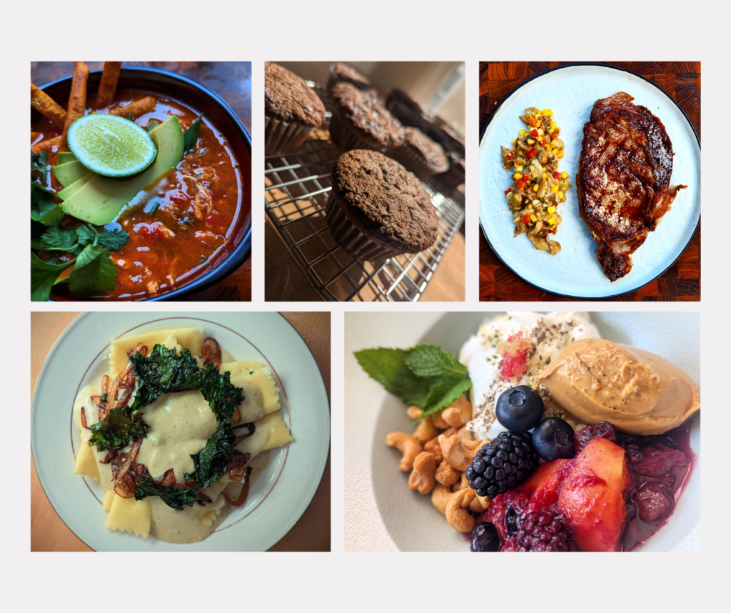 A photo collage featuring five distinct dishes: tortilla soup with avocado and lime; chocolate zucchini muffins cooling on a rack; a seared steak served with a colorful mushroom and corn succotash; plated artichoke ravioli topped with cream sauce and crisp greens; and a protein breakfast bowl with berries, stewed fruit, cashews, yogurt, mint, and a scoop of peanut butter.
